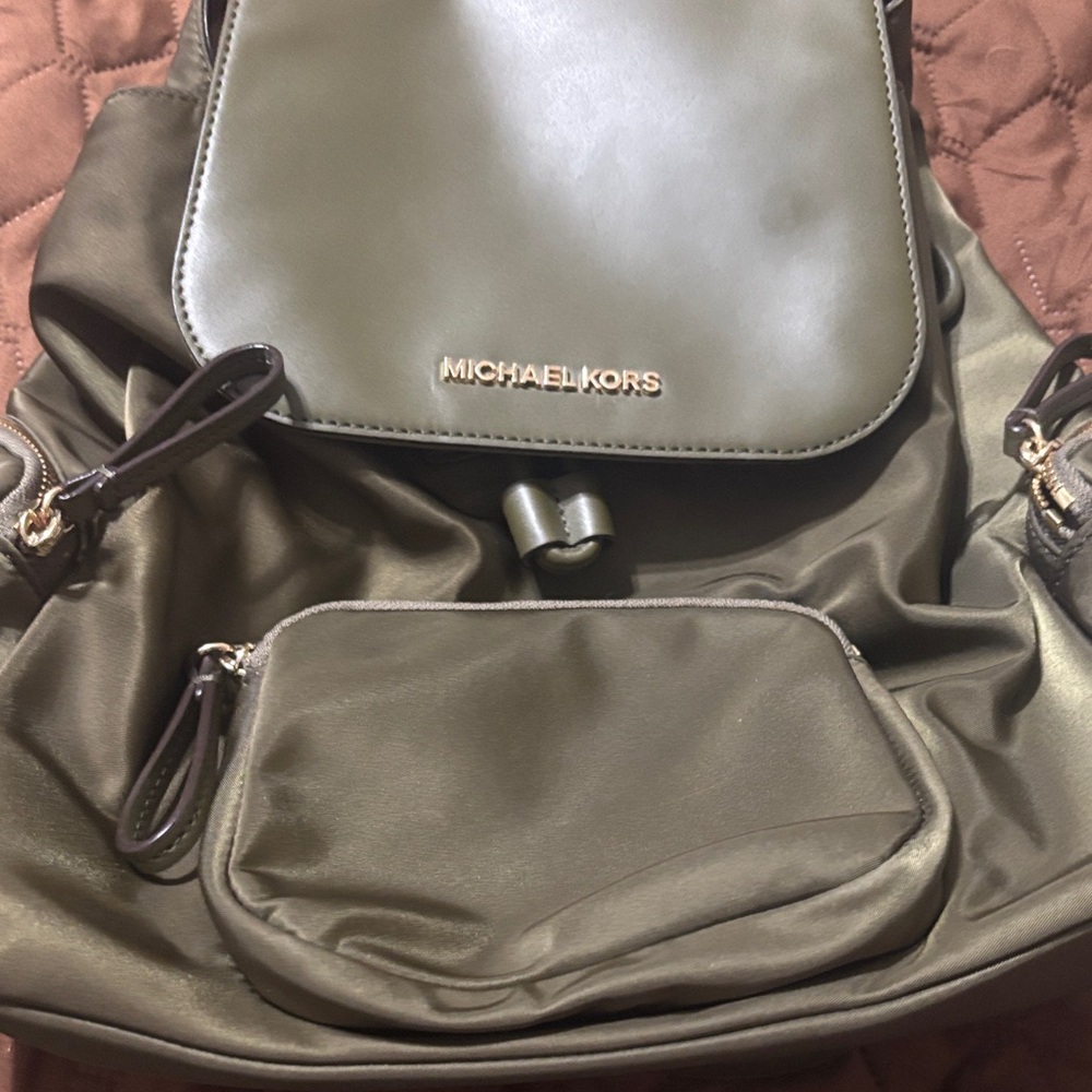 Michael Kors Olive Drawstring Backpack with Front Zip Pocket and Gold Hardware